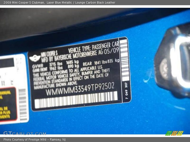 Laser Blue Metallic / Lounge Carbon Black Leather 2009 Mini Cooper S Clubman