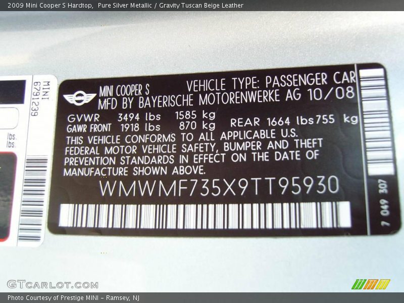 Pure Silver Metallic / Gravity Tuscan Beige Leather 2009 Mini Cooper S Hardtop