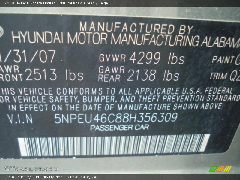 Natural Khaki Green / Beige 2008 Hyundai Sonata Limited