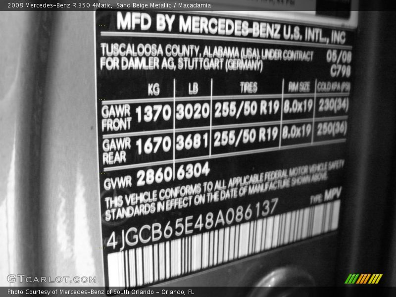 Sand Beige Metallic / Macadamia 2008 Mercedes-Benz R 350 4Matic