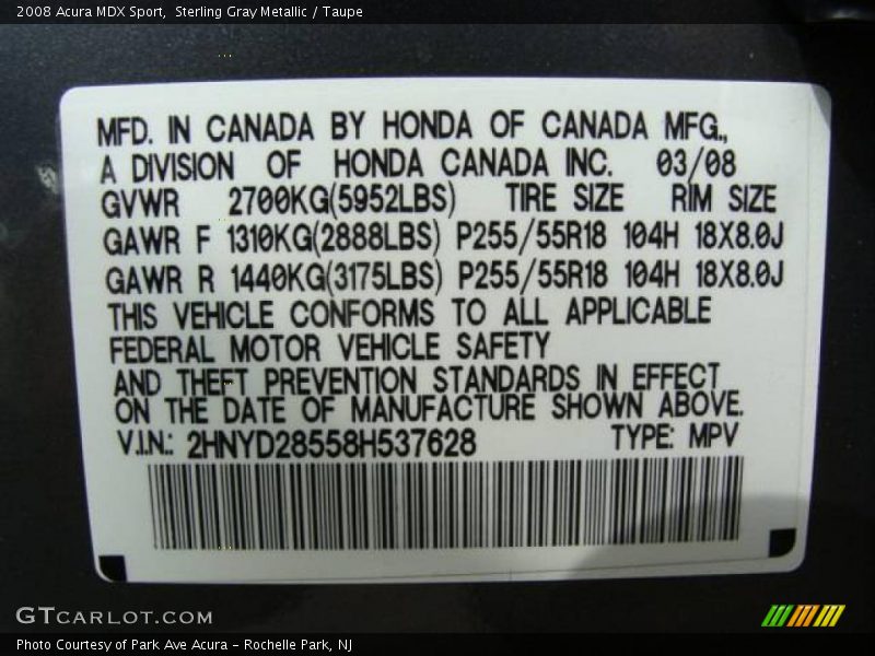 Sterling Gray Metallic / Taupe 2008 Acura MDX Sport