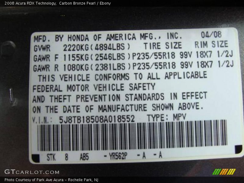 Carbon Bronze Pearl / Ebony 2008 Acura RDX Technology