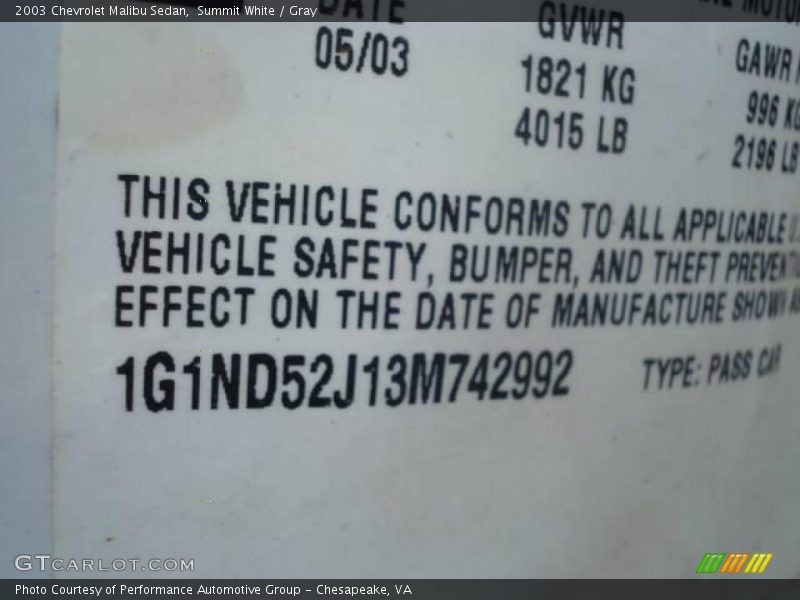 Summit White / Gray 2003 Chevrolet Malibu Sedan