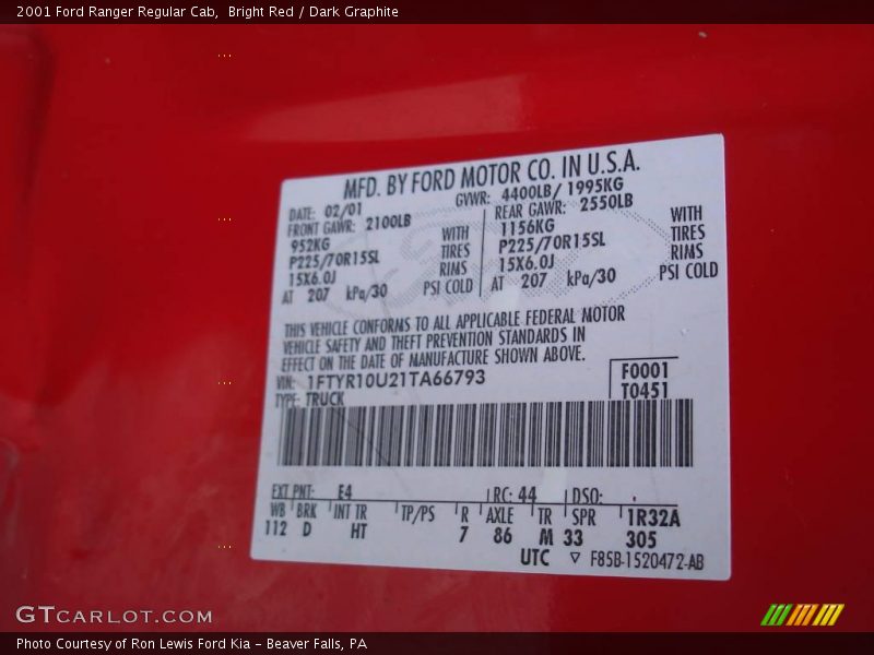 Bright Red / Dark Graphite 2001 Ford Ranger Regular Cab