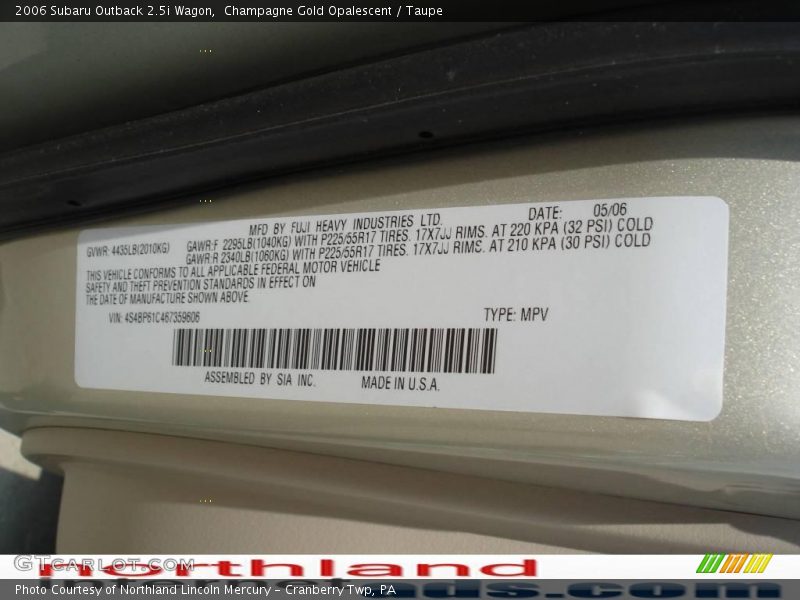 Champagne Gold Opalescent / Taupe 2006 Subaru Outback 2.5i Wagon