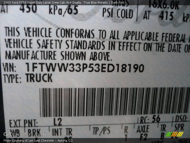 True Blue Metallic / Dark Flint 2003 Ford F350 Super Duty Lariat Crew Cab 4x4 Dually