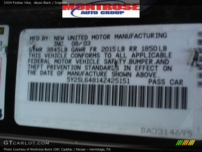 Abyss Black / Graphite 2004 Pontiac Vibe