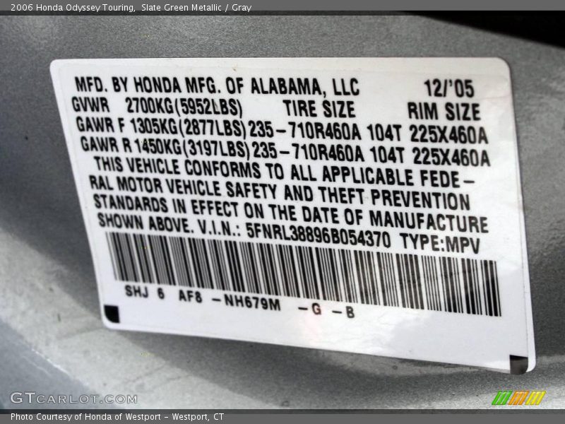 Slate Green Metallic / Gray 2006 Honda Odyssey Touring