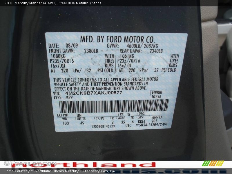 Steel Blue Metallic / Stone 2010 Mercury Mariner I4 4WD