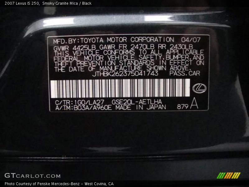 Smoky Granite Mica / Black 2007 Lexus IS 250