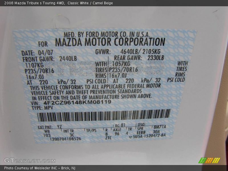 Classic White / Camel Beige 2008 Mazda Tribute s Touring 4WD