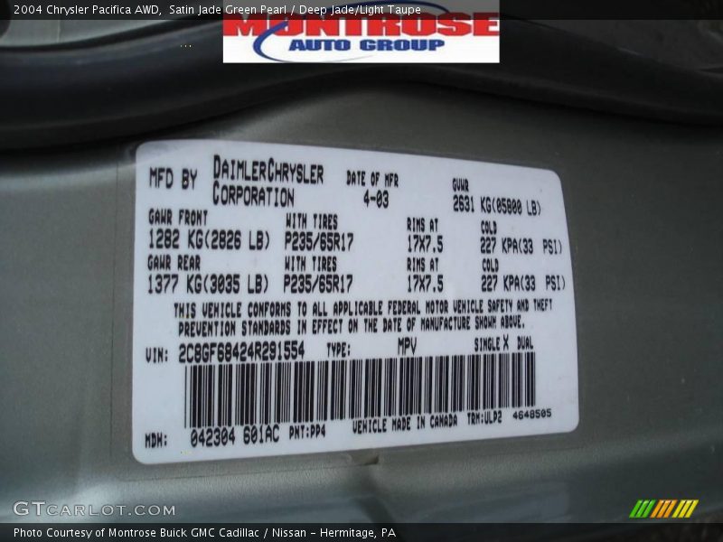 Satin Jade Green Pearl / Deep Jade/Light Taupe 2004 Chrysler Pacifica AWD