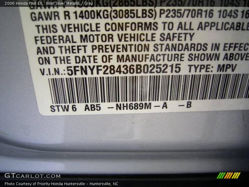 Billet Silver Metallic / Gray 2006 Honda Pilot EX