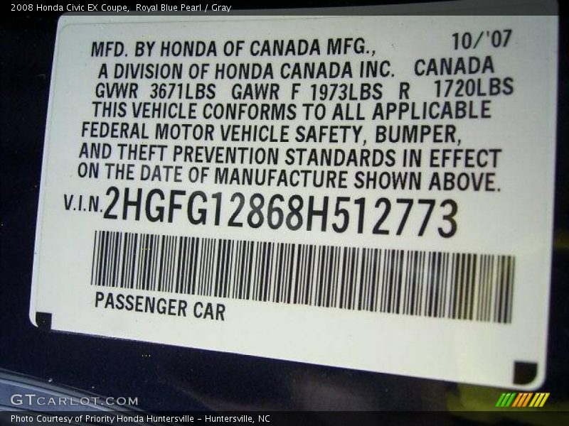 Royal Blue Pearl / Gray 2008 Honda Civic EX Coupe