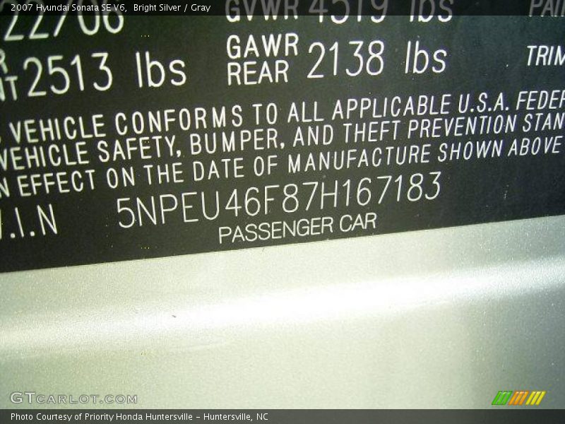 Bright Silver / Gray 2007 Hyundai Sonata SE V6