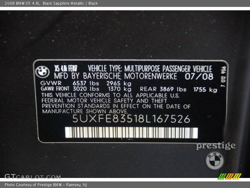 Black Sapphire Metallic / Black 2008 BMW X5 4.8i