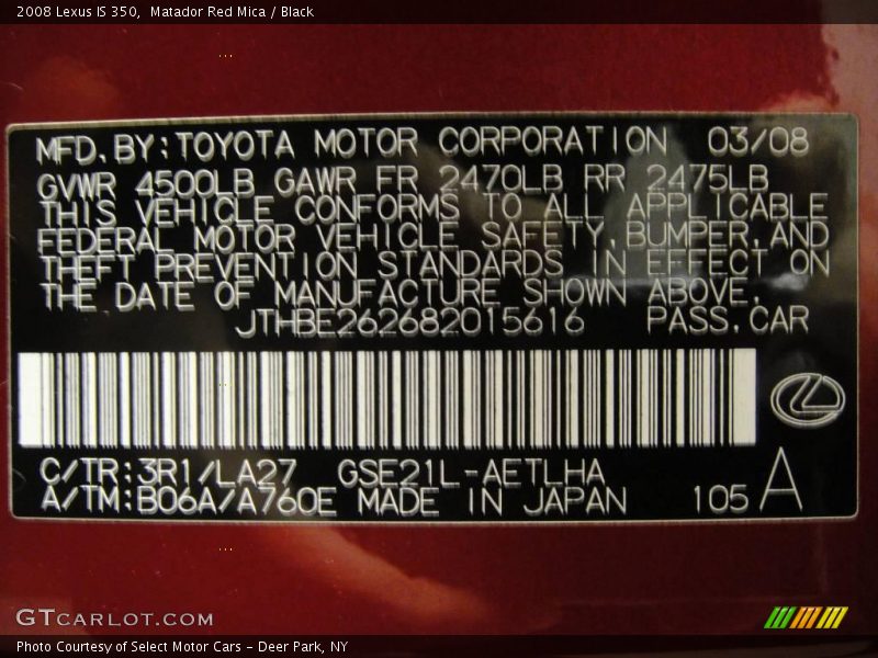 Matador Red Mica / Black 2008 Lexus IS 350