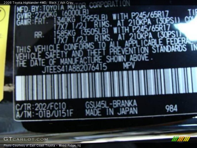 Black / Ash Gray 2008 Toyota Highlander 4WD