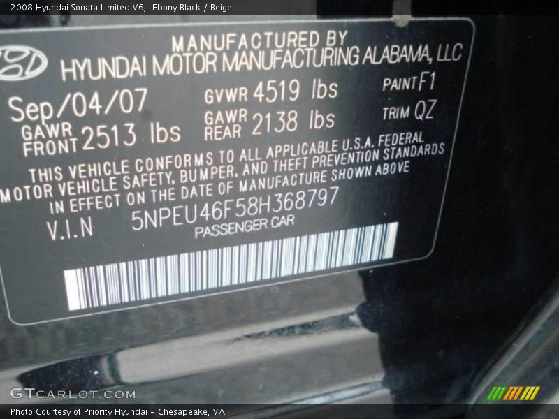 Ebony Black / Beige 2008 Hyundai Sonata Limited V6