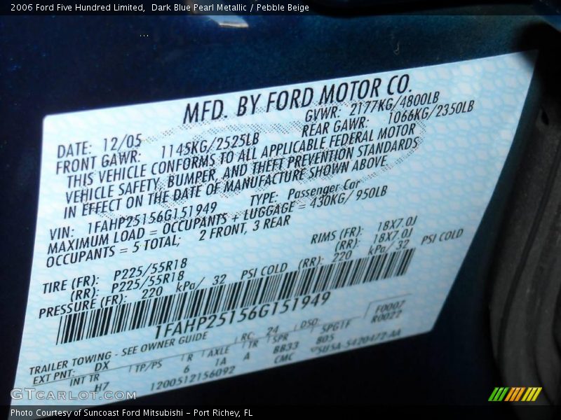 Dark Blue Pearl Metallic / Pebble Beige 2006 Ford Five Hundred Limited