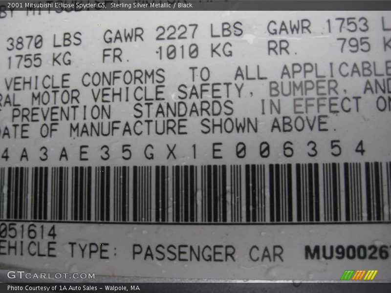 Sterling Silver Metallic / Black 2001 Mitsubishi Eclipse Spyder GS