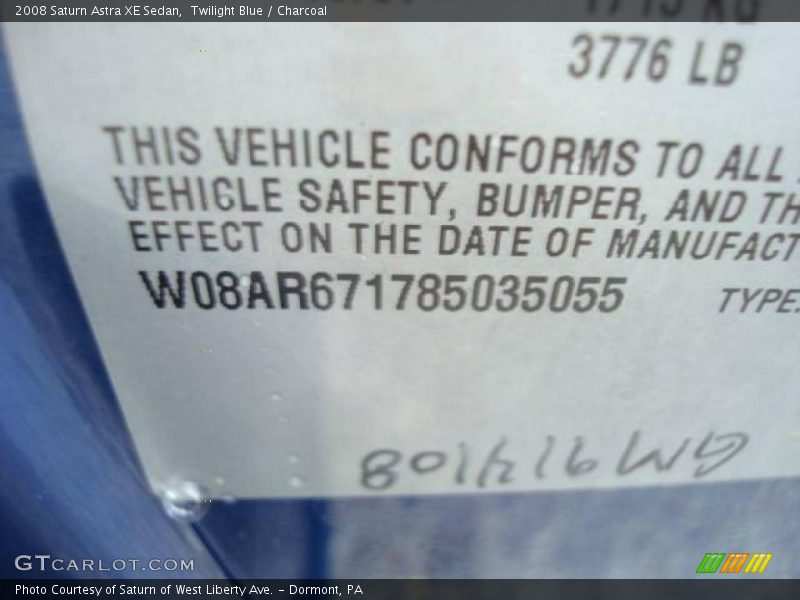 Twilight Blue / Charcoal 2008 Saturn Astra XE Sedan