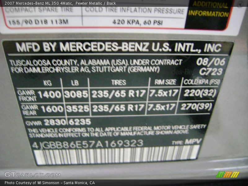 Pewter Metallic / Black 2007 Mercedes-Benz ML 350 4Matic