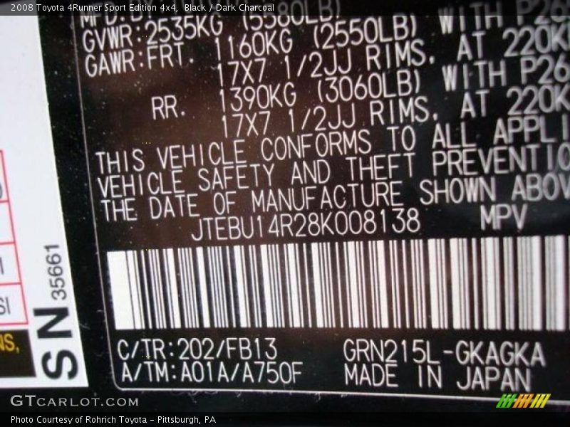 Black / Dark Charcoal 2008 Toyota 4Runner Sport Edition 4x4