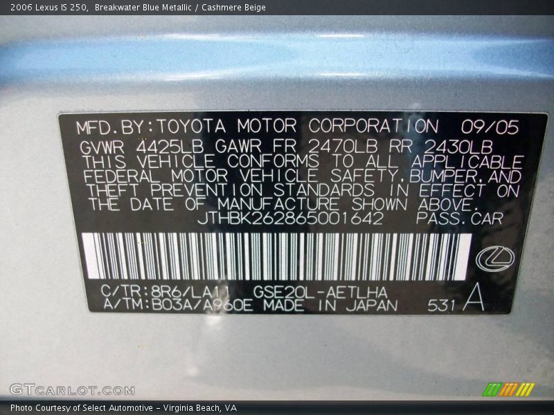 Breakwater Blue Metallic / Cashmere Beige 2006 Lexus IS 250