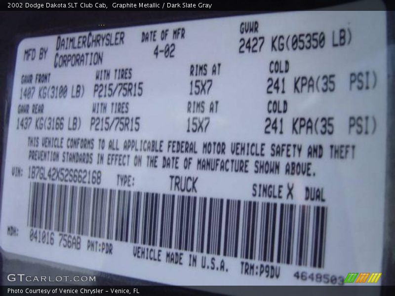 Graphite Metallic / Dark Slate Gray 2002 Dodge Dakota SLT Club Cab