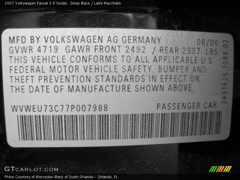 Deep Black / Latte Macchiato 2007 Volkswagen Passat 3.6 Sedan
