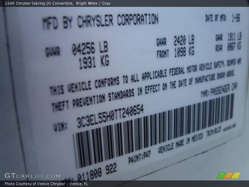 Bright White / Gray 1996 Chrysler Sebring JXi Convertible
