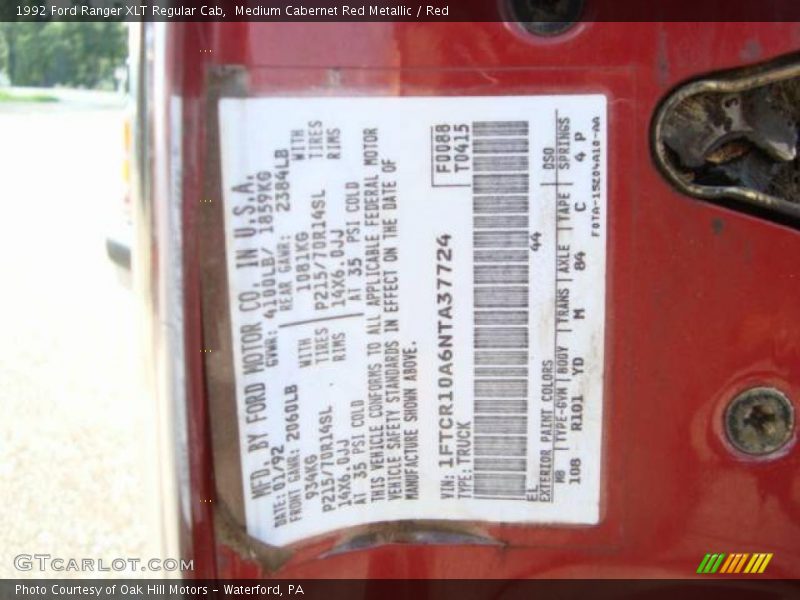 Medium Cabernet Red Metallic / Red 1992 Ford Ranger XLT Regular Cab