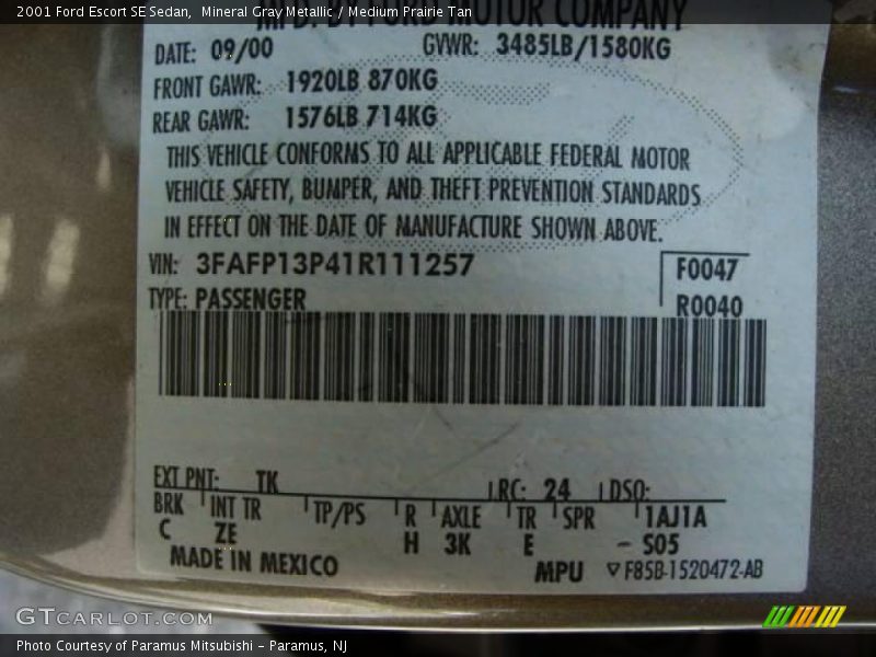 2001 Escort SE Sedan Mineral Gray Metallic Color Code TK