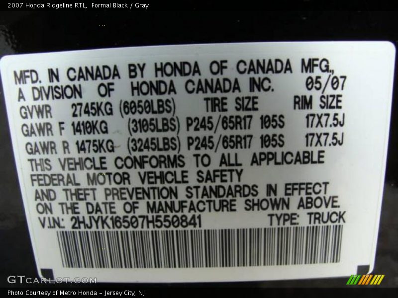 Formal Black / Gray 2007 Honda Ridgeline RTL