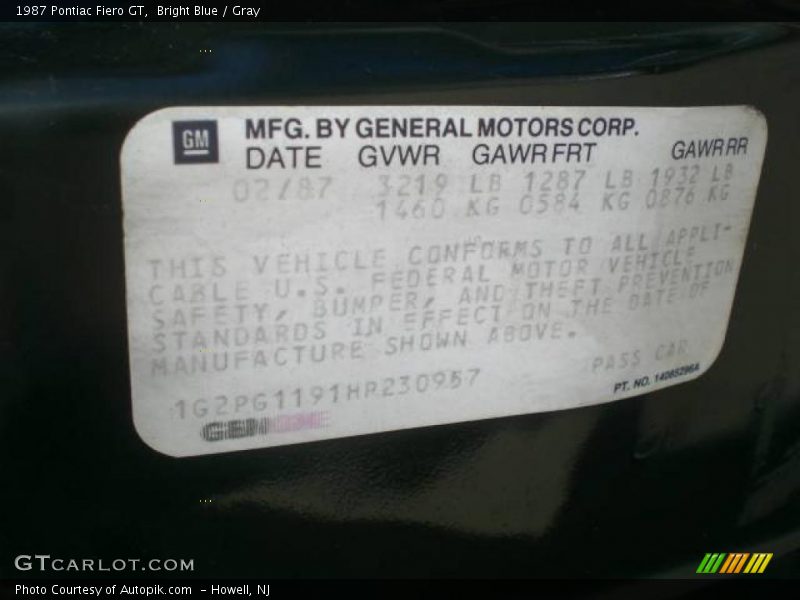 Bright Blue / Gray 1987 Pontiac Fiero GT