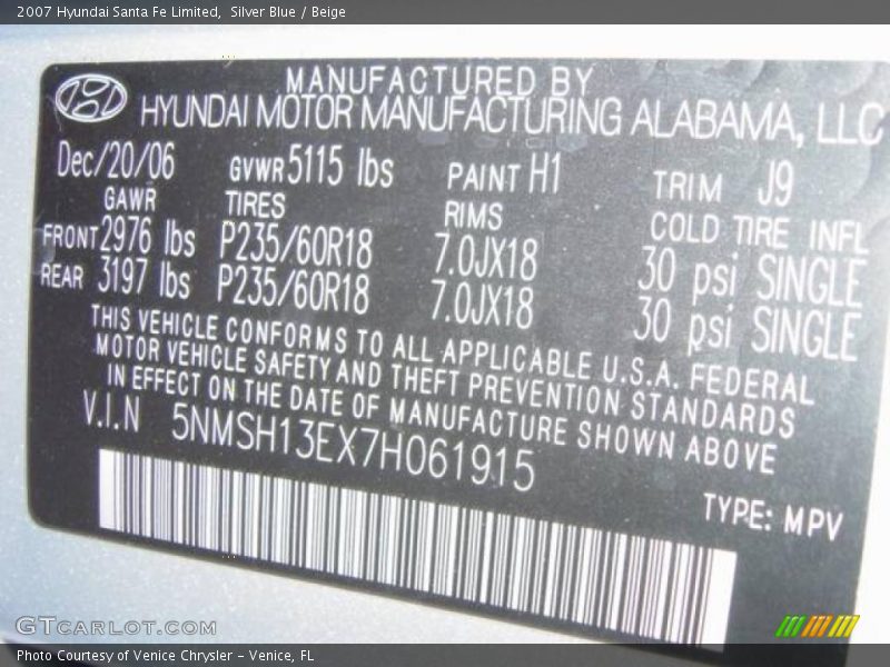 Silver Blue / Beige 2007 Hyundai Santa Fe Limited