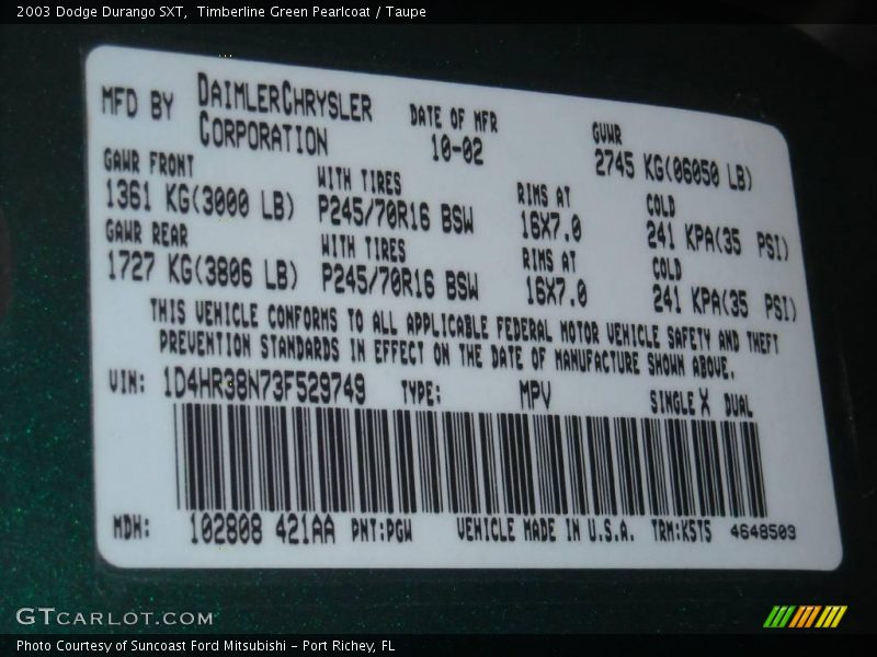 Timberline Green Pearlcoat / Taupe 2003 Dodge Durango SXT