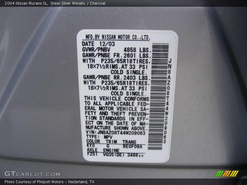 Sheer Silver Metallic / Charcoal 2004 Nissan Murano SL