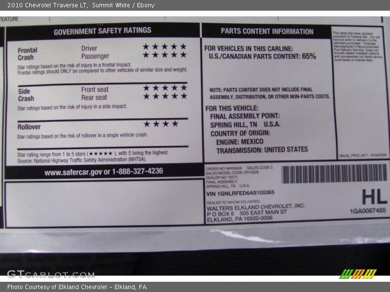 Summit White / Ebony 2010 Chevrolet Traverse LT