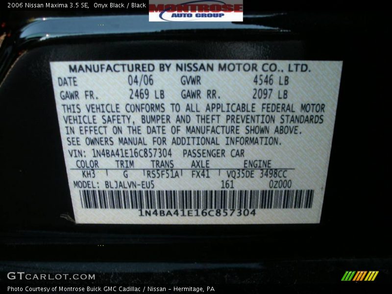 Onyx Black / Black 2006 Nissan Maxima 3.5 SE