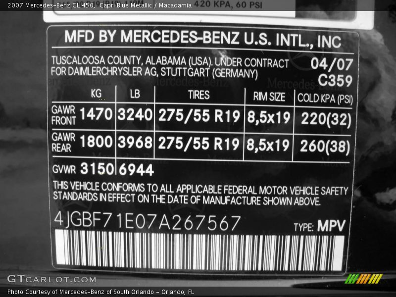 Capri Blue Metallic / Macadamia 2007 Mercedes-Benz GL 450