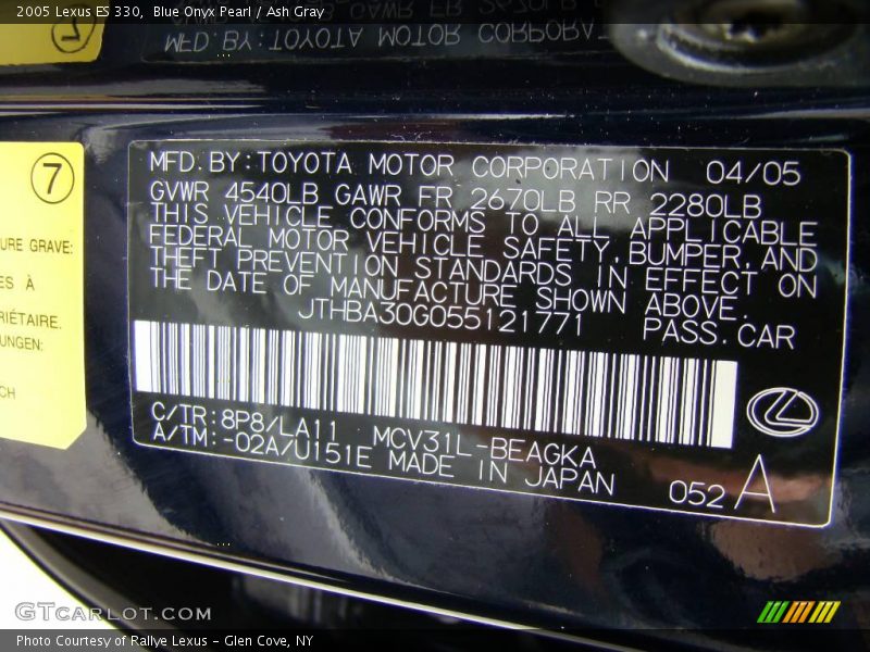 Blue Onyx Pearl / Ash Gray 2005 Lexus ES 330