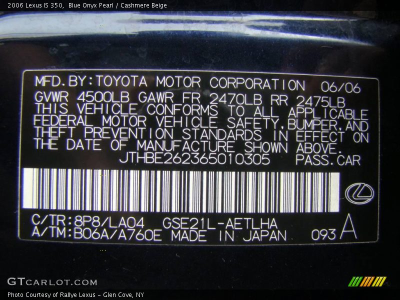 Blue Onyx Pearl / Cashmere Beige 2006 Lexus IS 350