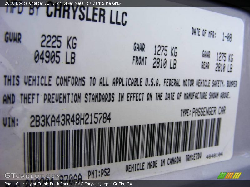 Bright Silver Metallic / Dark Slate Gray 2008 Dodge Charger SE