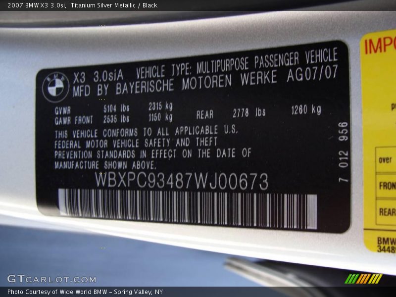 Titanium Silver Metallic / Black 2007 BMW X3 3.0si