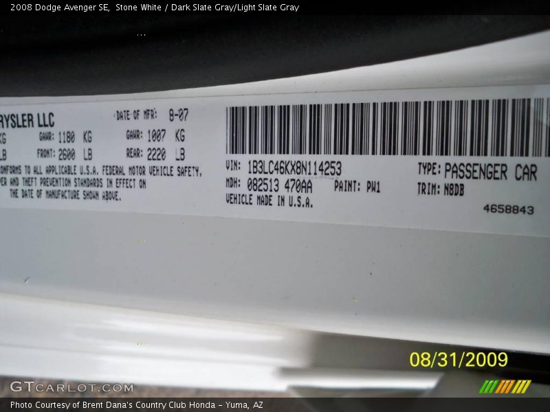Stone White / Dark Slate Gray/Light Slate Gray 2008 Dodge Avenger SE