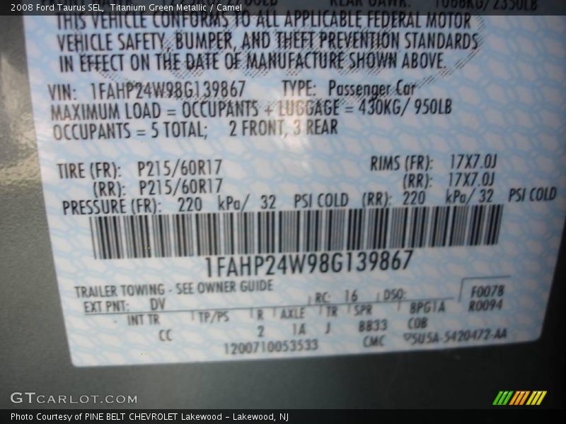 2008 Taurus SEL Titanium Green Metallic Color Code DV