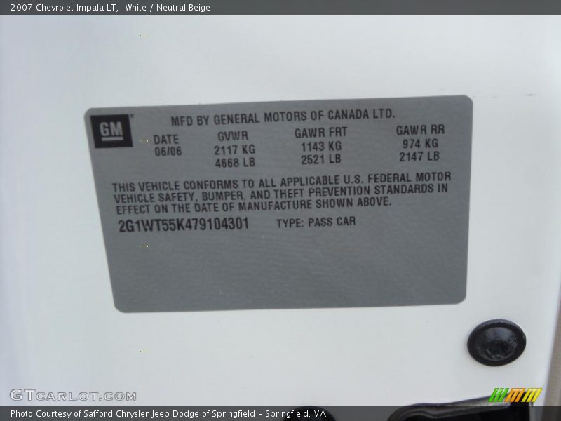 White / Neutral Beige 2007 Chevrolet Impala LT