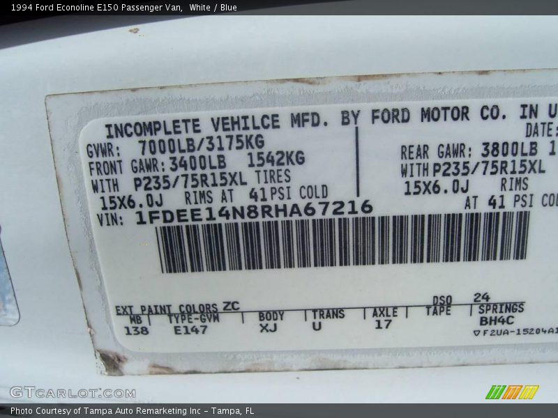 White / Blue 1994 Ford Econoline E150 Passenger Van